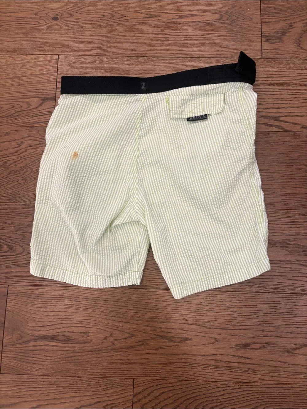 Jimmy z Men's Light Green Seersucker Swim Board Shorts with Black Waistband